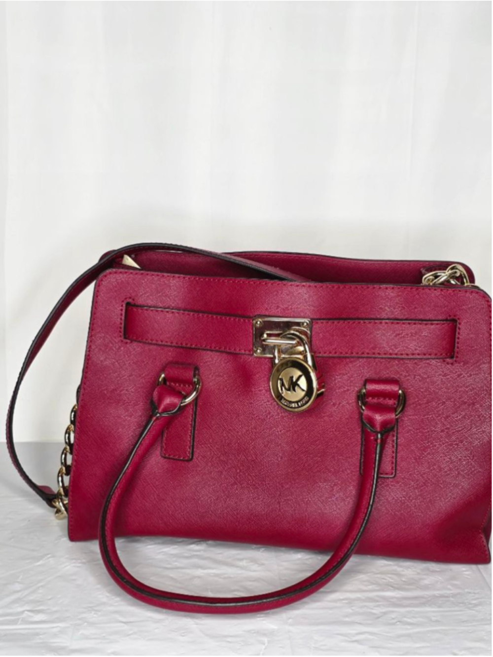 Michael Kors Red Saffiano Leather Satchel Crossbody Bag Gold Lock Charm - Picture 4 of 13